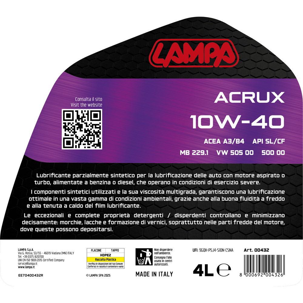 LAMPA - Λάδι Κινητήρα Αυτοκινήτου Acrux 10W-40 Acea A3/B4 4 Lt. - 1 Τεμ. (L0043.2) - Thumbnail 2