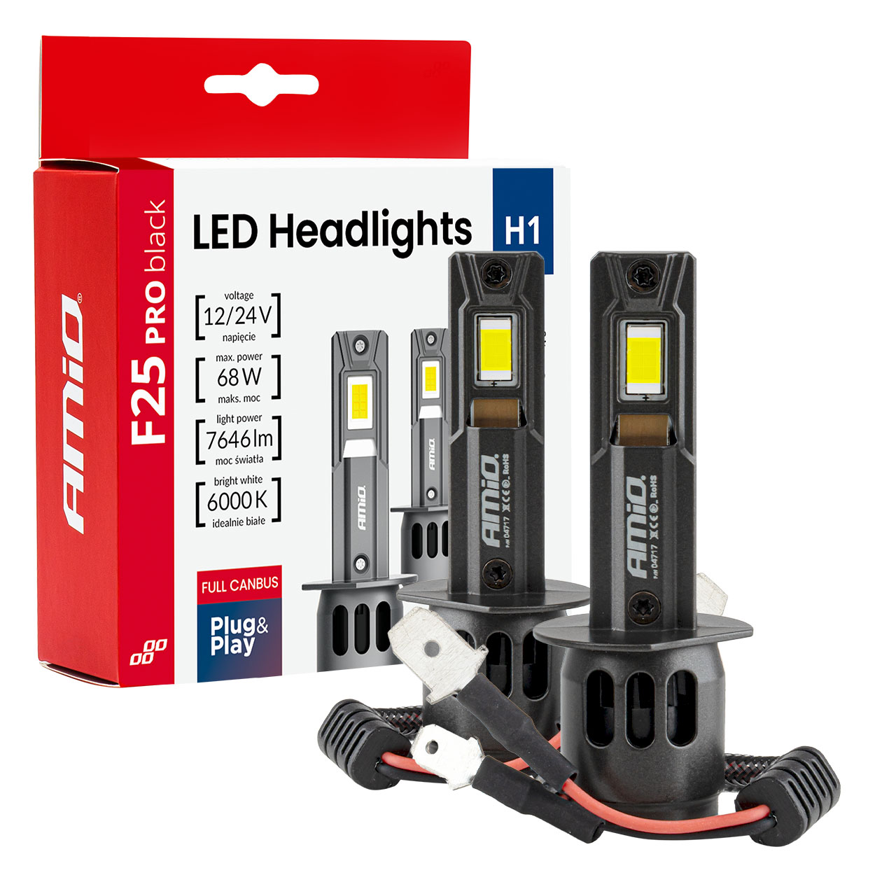 Amio - Λαμπτήρες LED F25 PRO Black Edition H1 68W 12-24V Full CAN Bus με Φωτεινότητα 7646lm σε Ψυχρό Λευκό 6000K για Επιβατικά Αυτοκίνητα & Φορτηγά - Σετ 2 τεμ. (04717/AM)