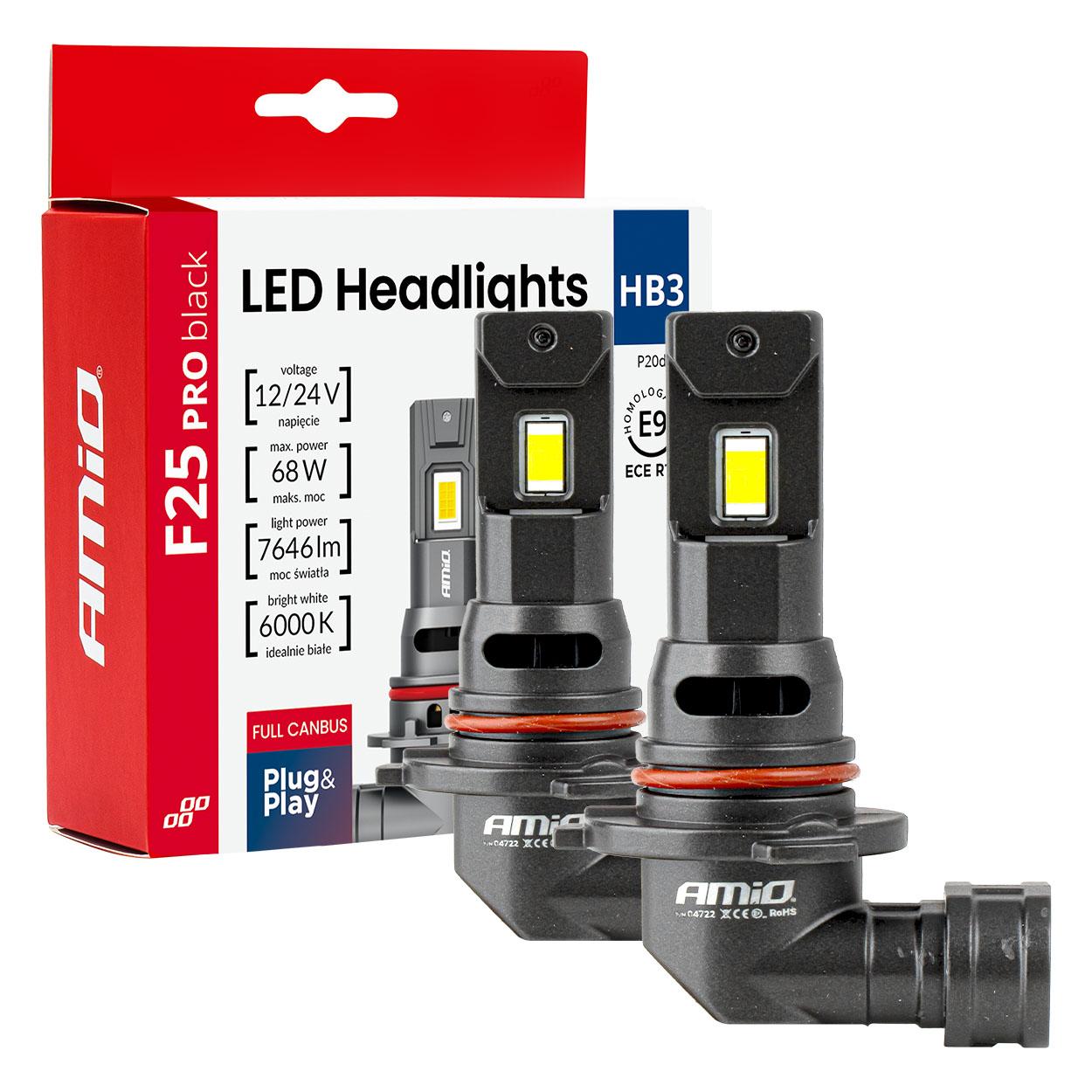 Amio - Λαμπτήρες LED F25 PRO Black Edition HB3 (9005) 68W 12-24V Full CAN Bus με Φωτεινότητα 7646lm σε Ψυχρό Λευκό 6000K για Επιβατικά Αυτοκίνητα & Φορτηγά - Σετ 2 τεμ. (04722/AM)