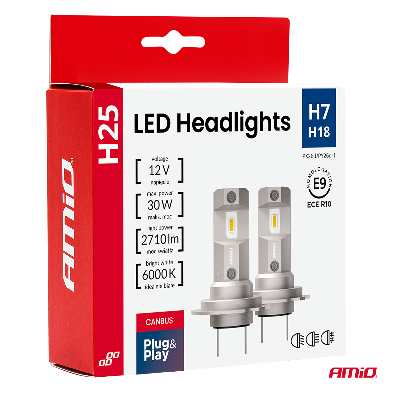 AMIO - Λαμπτήρες LED Φώτων Εμπρός Τύπου H7/H18 Βάση PX26D/PY26D-1 Τάση Λειτουργίας 12V Απόδοσης 30W (2710LM) Series H25 Canbus 6000K Για Επιβατικά Αυτοκίνητα - 2 Τεμ. (04712/AM) - Thumbnail 7