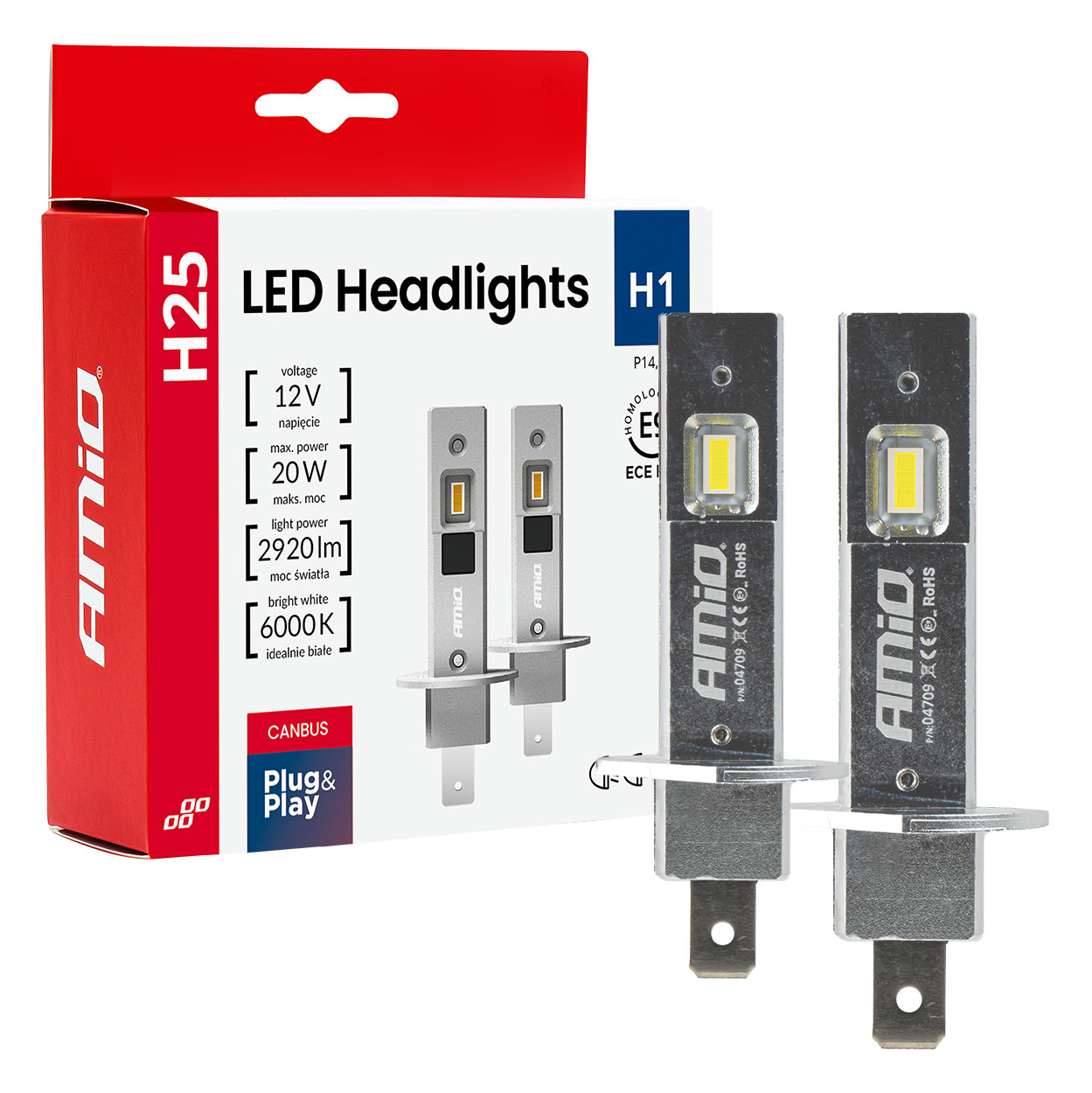 Amio - Λαμπτήρες LED Φώτων Εμπρός τύπου H1 βάση P14.5s τάση λειτουργίας 12V απόδοσης 20W (2920lm) Series H25 CANBUS 6000K για Επιβατικά Αυτοκίνητα - 2 τεμ. (04709/AM)