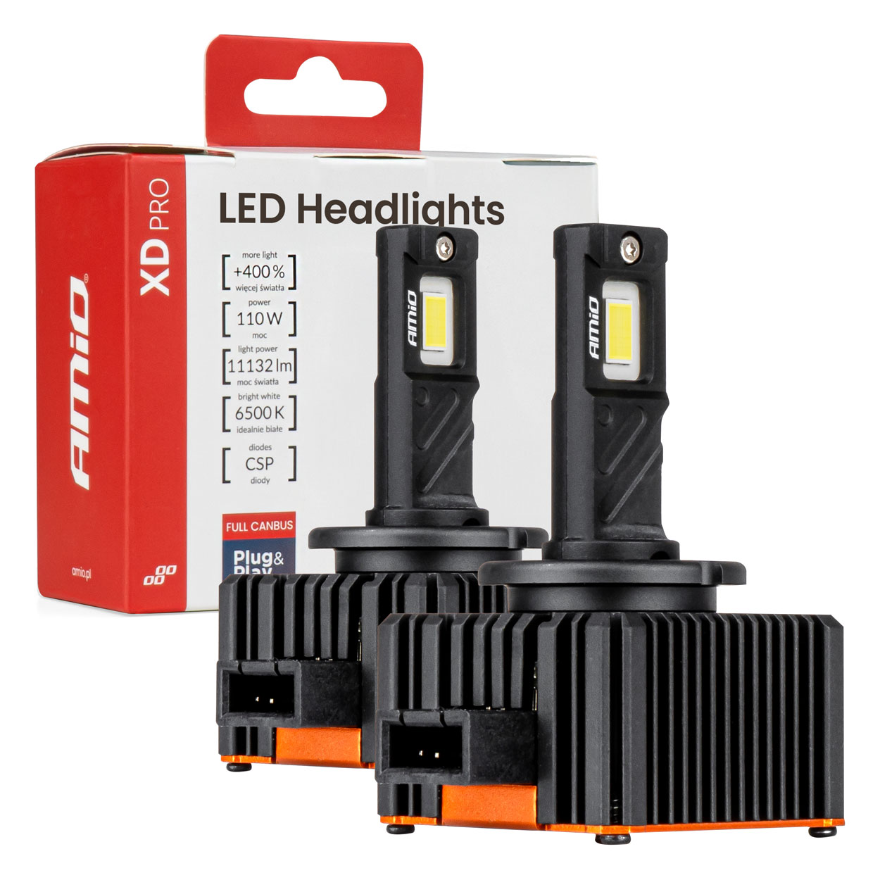 Amio - Λαμπτήρες LED Φώτων Εμπρός τύπου D1S/D1R βάση PK32d-2 τάση λειτουργίας 12V απόδοσης 110W (11132lm) XD PRO Series FULL CANBUS 6500K με ψύκτρα Plug & Play για Επιβατικά Αυτοκίνητα - 2 τεμ. (04679/AM)