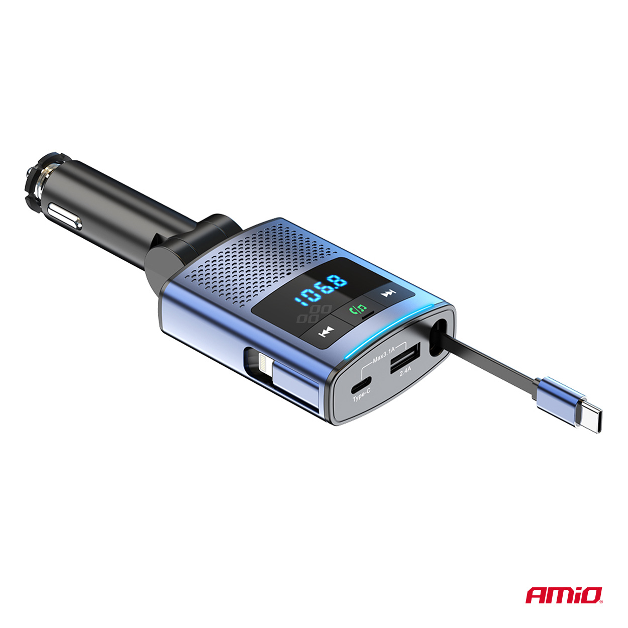 AMIO - Fm Transmitter Αυτοκινήτου 12/24V Με 1XUSB Type-a, 1XUSB Type-c Και Ενσωματωμένο Καλώδιο Φόρτισης Type-c - 1 Τεμ. (04656/AM) - Thumbnail 8