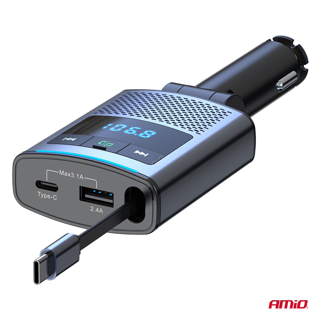 AMIO - Fm Transmitter Αυτοκινήτου 12/24V Με 1XUSB Type-a, 1XUSB Type-c Και Ενσωματωμένο Καλώδιο Φόρτισης Type-c - 1 Τεμ. (04656/AM) - Thumbnail 9
