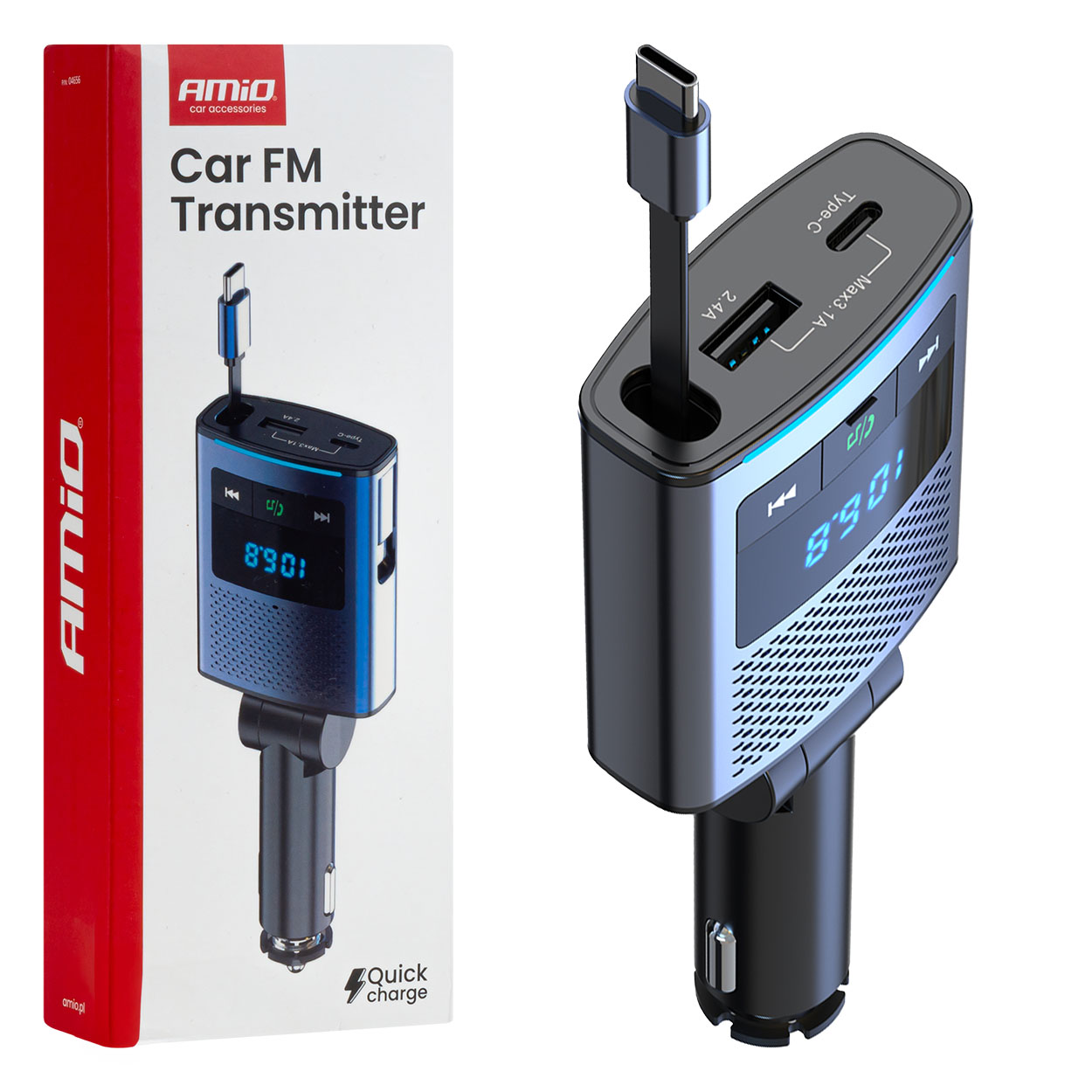 AMIO - Fm Transmitter Αυτοκινήτου 12/24V Με 1XUSB Type-a, 1XUSB Type-c Και Ενσωματωμένο Καλώδιο Φόρτισης Type-c - 1 Τεμ. (04656/AM)