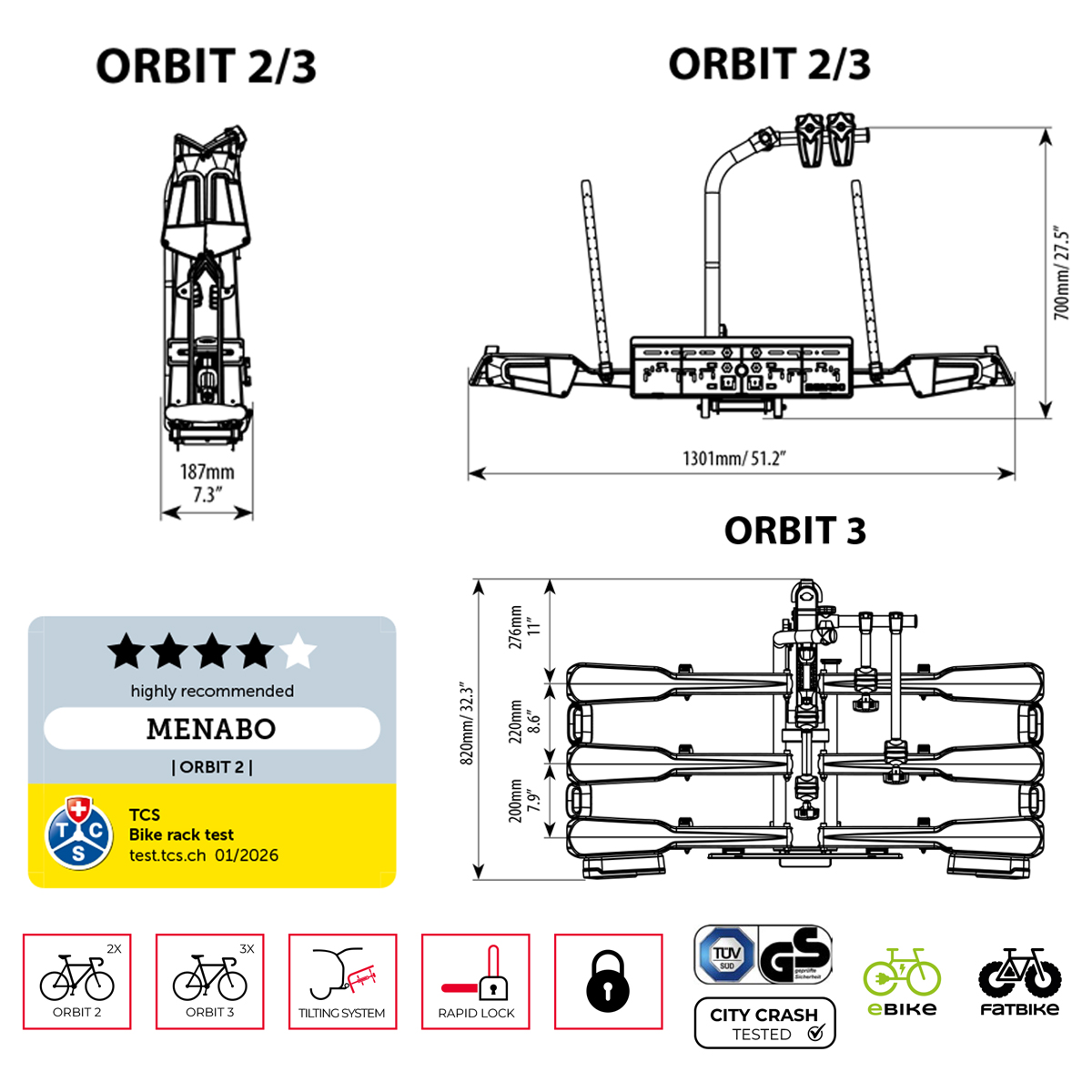 MENABO - Βάση Ποδηλάτου Κοτσαδόρου Orbit 3 Για 3 Ποδήλατα Ή E-bike / Fat Bike Αναδιπλούμενη Με Ανάκλιση / Μοχλό Γρήγορης Ασφάλισης / Αντάπτορα 13 Pin - 1 Τεμ. (14760/MB) - Thumbnail 3