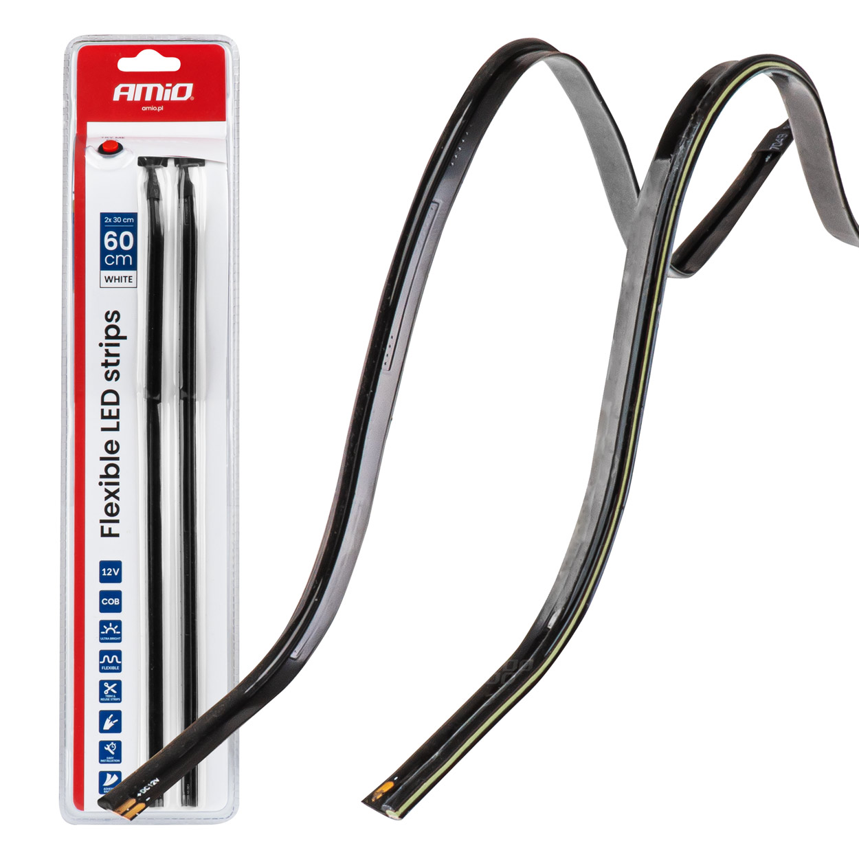 Amio – Ταινία LED COB 12V Λευκή 2x30cm Flexible Πλαϊνού Φωτισμού για Σήμανση & Καθαρό Φως – Σετ 2 Τεμ. (04575/AM)