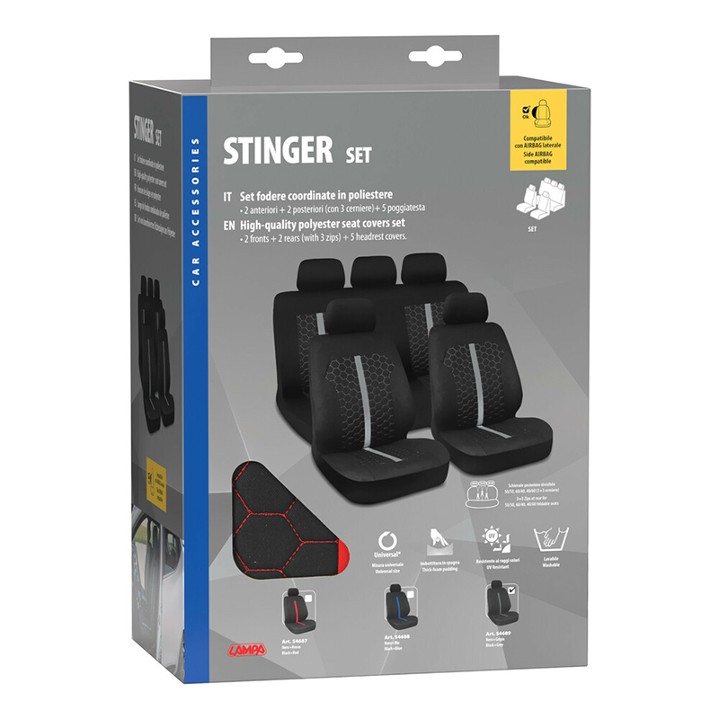 LAMPA - Καλύμματα Καθισμάτων Stinger Μαύρο / Κόκκινο Από Πολυεστέρα Με Αφρώδη Επένδυση, Universal, Συμβατά Με Πλευρικούς Αερόσακους - Σετ (L5468.7) - Thumbnail 3