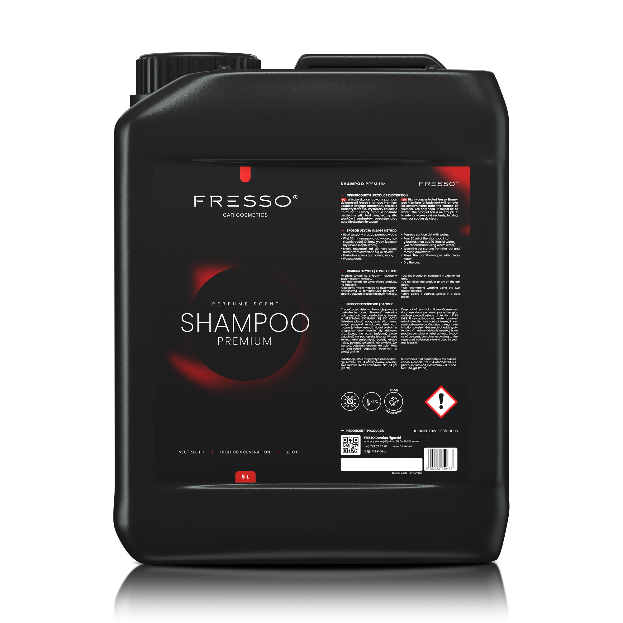 Fresso - Συμπυκνωμένο Σαμπουάν Αυτοκινήτου Premium 5 L με Ουδέτερο pH, Πυκνό Αφρό και Ασφαλή Δράση για Κεριά και Sealants - 1 Τεμ. (159471/FRE)
