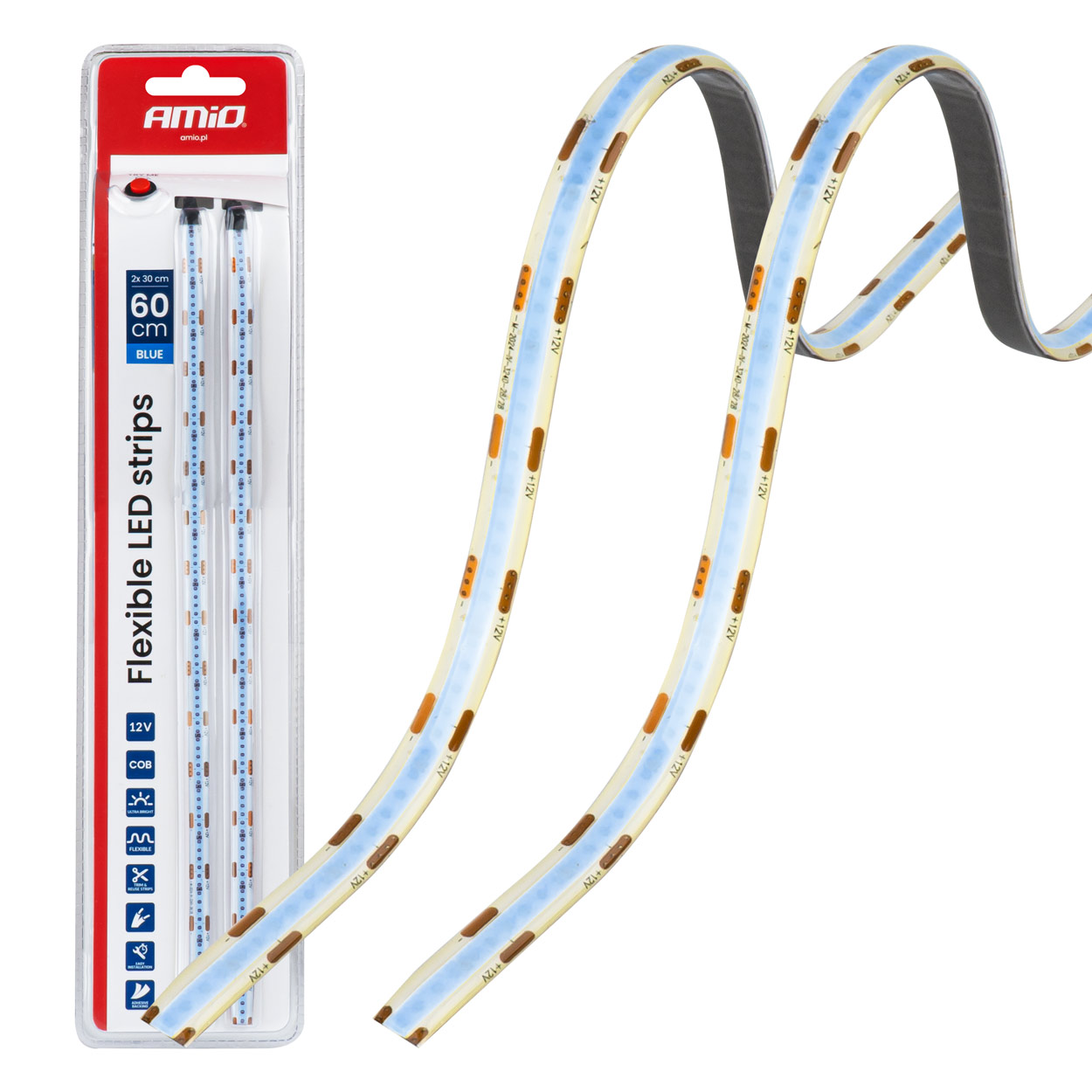 Amio – Ταινία LED COB 12V Μπλε 2x30cm Flexible για Εντυπωσιακό Εσωτερικό Φωτισμό & Easy Install – Σετ 2 Τεμ. (04571/AM)